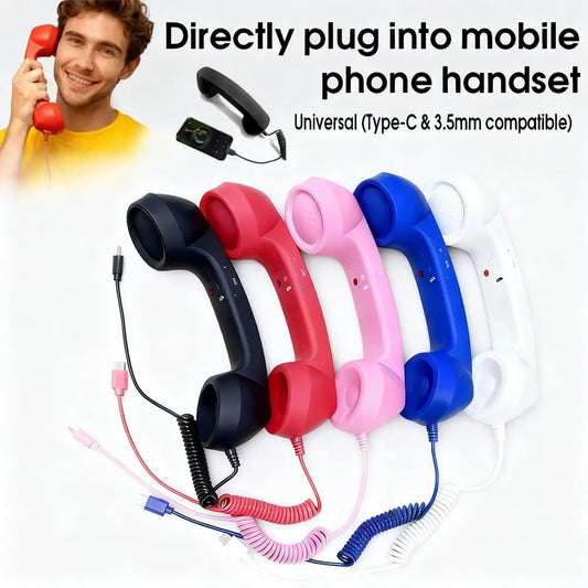 Retro Phone Handset Type-C & 3.5Mm Telephone Head Set Portable Vintage Phone Headset for Cell Mobile Video Conferences