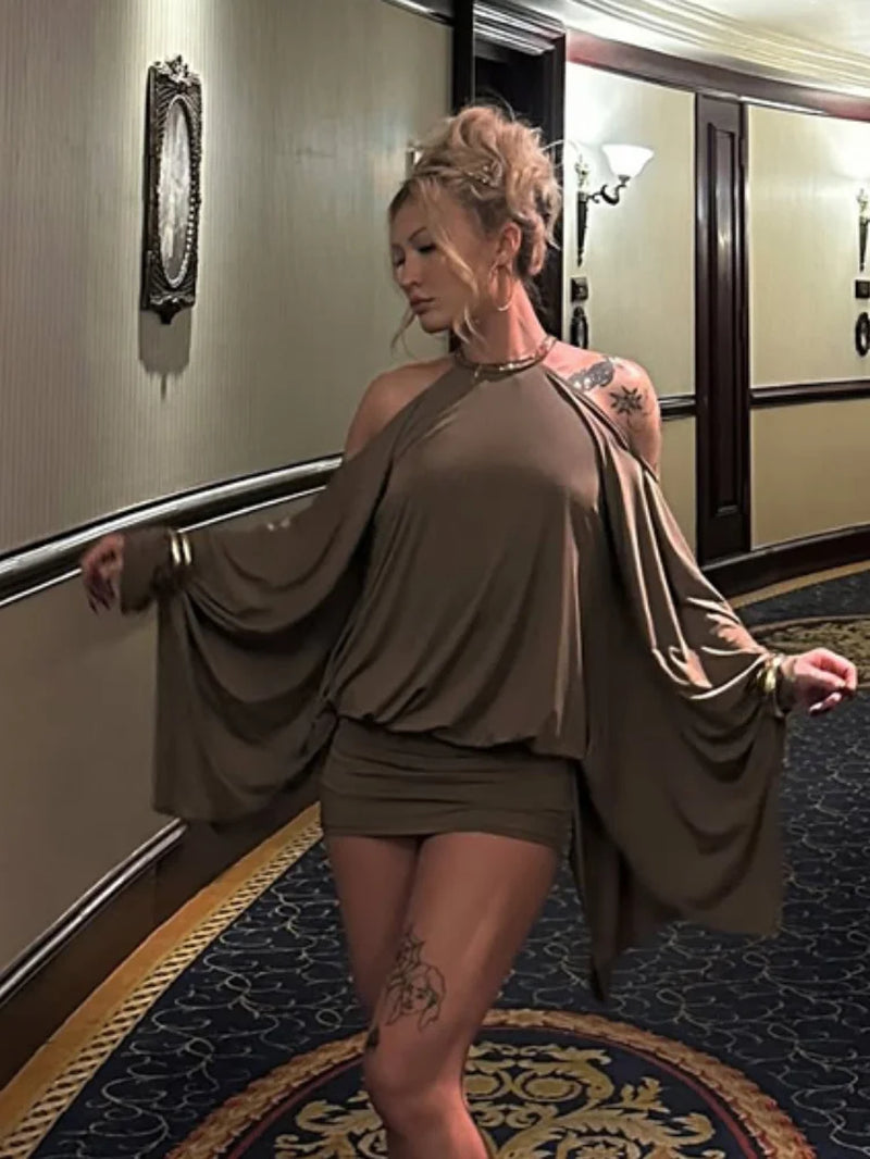 Backless Batwing Sleeves Short Dress Sexy Women Solid off Shoulder Hip Hugging Pleated Dresses 2026 Spring Lady Party Vestidos
