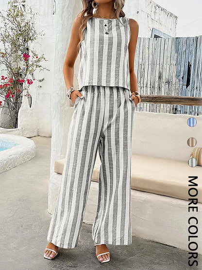 2Pcs Women'S Striped Sleeveless Two-Piece Set , Striped Sets, Lightweight Fabric & Matching Striped Pattern & Back Button Top & Elastic Waist Wide-Leg Pants & Multi-Color Options