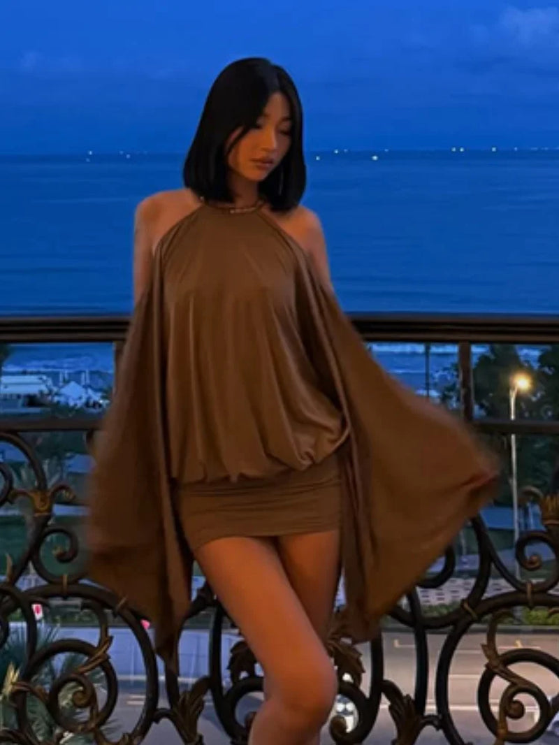Backless Batwing Sleeves Short Dress Sexy Women Solid off Shoulder Hip Hugging Pleated Dresses 2026 Spring Lady Party Vestidos