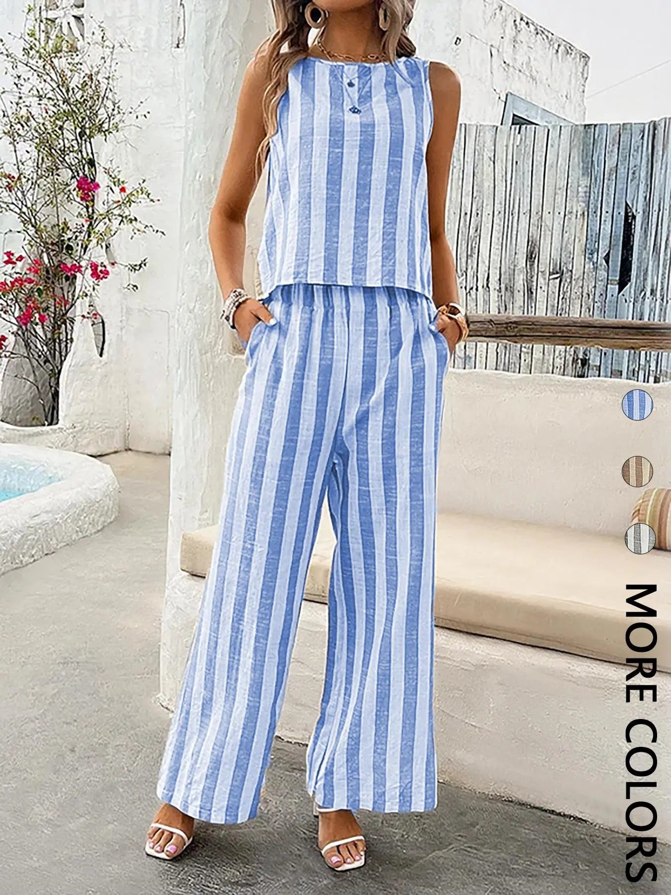 2Pcs Women'S Striped Sleeveless Two-Piece Set , Striped Sets, Lightweight Fabric & Matching Striped Pattern & Back Button Top & Elastic Waist Wide-Leg Pants & Multi-Color Options