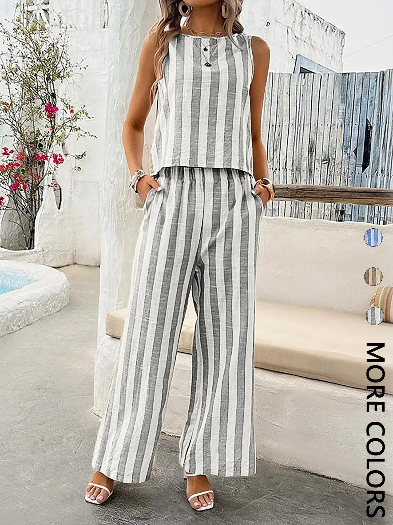 2Pcs Women'S Striped Sleeveless Two-Piece Set , Striped Sets, Lightweight Fabric & Matching Striped Pattern & Back Button Top & Elastic Waist Wide-Leg Pants & Multi-Color Options